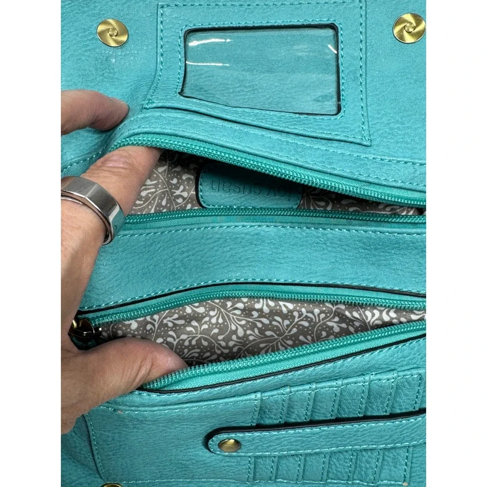 Joy Susan Teal Vegan Leather Crossbody Bag Organizer Wallet Clutch Teal Blue